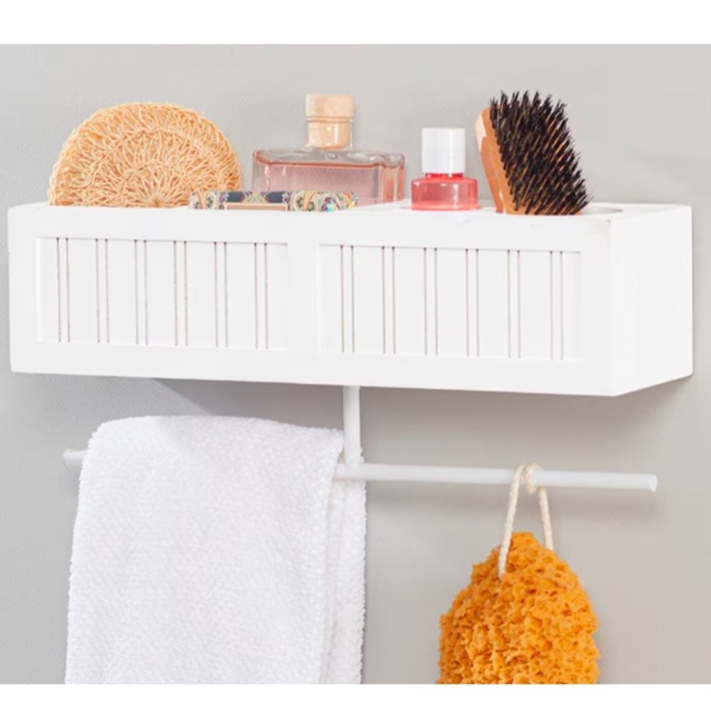 NIB White Organization Bathroom Wall Shelf with Towel Bar!